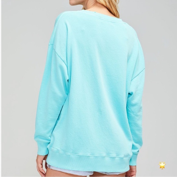 SIZE L WILDFOX AQUA SKY STITCH DETAIL DISTRESSED HEM SWEATSHIRT OVERSIZED LONG - Picture 3 of 4